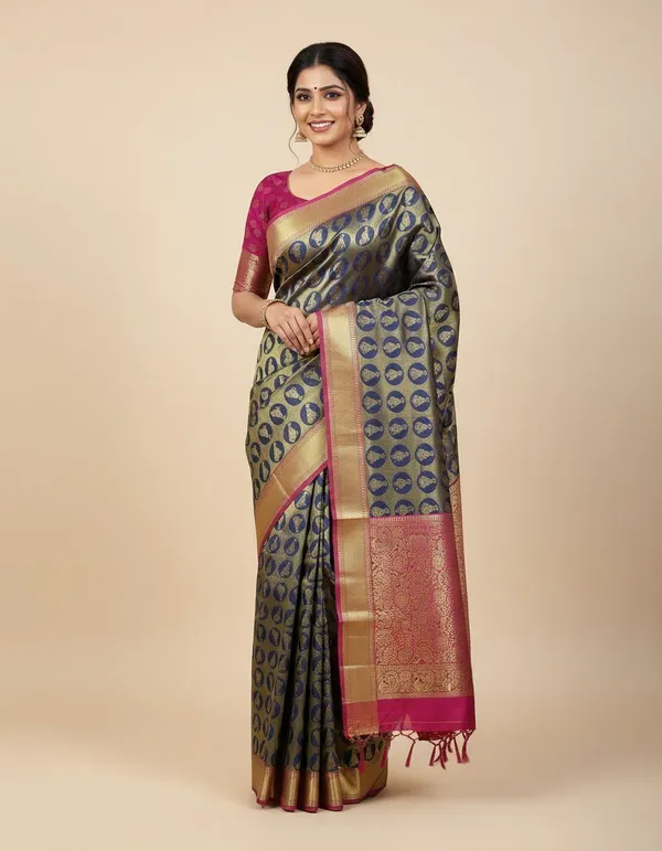 Sindhuja_Fashion_House_Woven,_Floral_Print,_Geometric_Print,_Temple_Border,_Self_Design_Banarasi_Silk_Blend_Saree_(Multicolor)