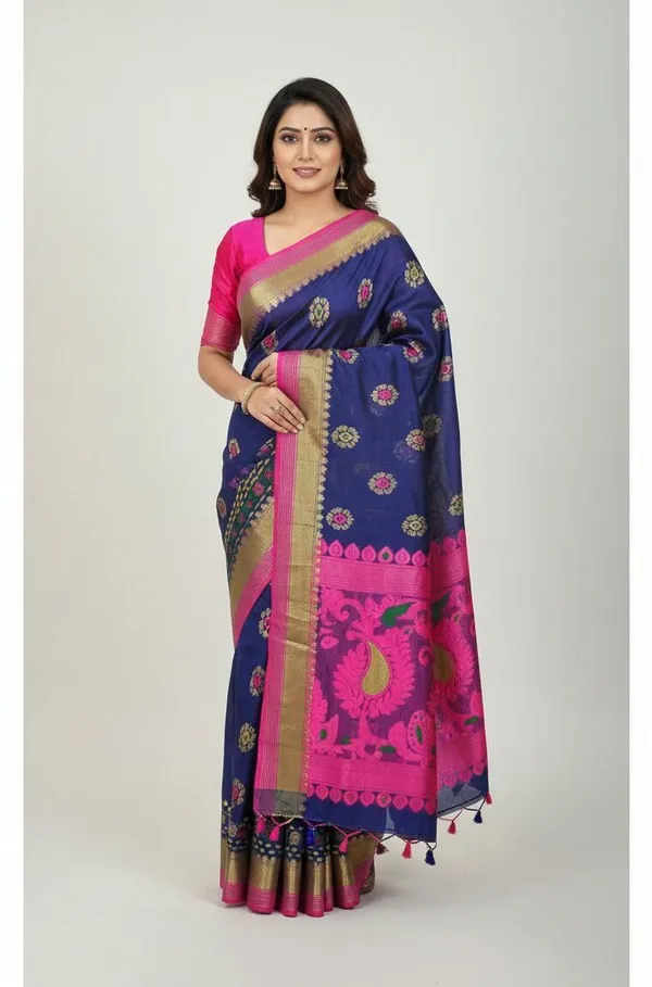 Sindhuja_Fashion_House_Temple_Border,_Woven_Jamdani_Pure_Cotton_Saree_(Dark_Blue)