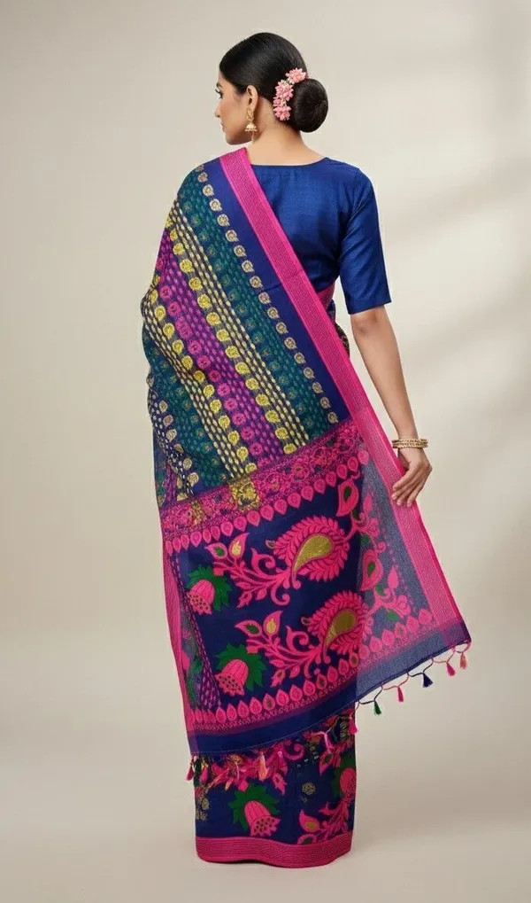 Sindhuja_Fashion_House_Temple_Border,_Woven_Jamdani_Pure_Cotton_Saree_(Dark_Blue)