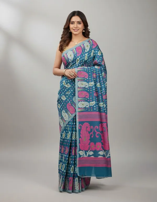 Sindhuja_Fashion_House_Self_Design,_Floral_Print,_Paisley,_Woven_Tant_Pure_Cotton_Saree_(Blue)