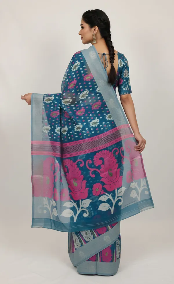 Sindhuja_Fashion_House_Self_Design,_Floral_Print,_Paisley,_Woven_Tant_Pure_Cotton_Saree_(Blue)