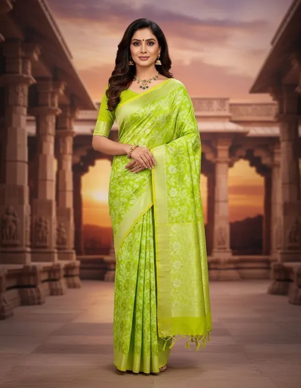 Sindhuja_Fashion_House_Floral_Print,_Polka_Print,_Woven_Jamdani_Pure_Cotton_Saree_(Green)