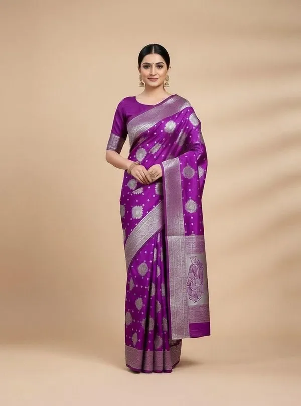 Sindhuja_Fashion_House_Woven,_Floral_Print,_Paisley_Banarasi_Silk_Blend_Saree_(Purple)