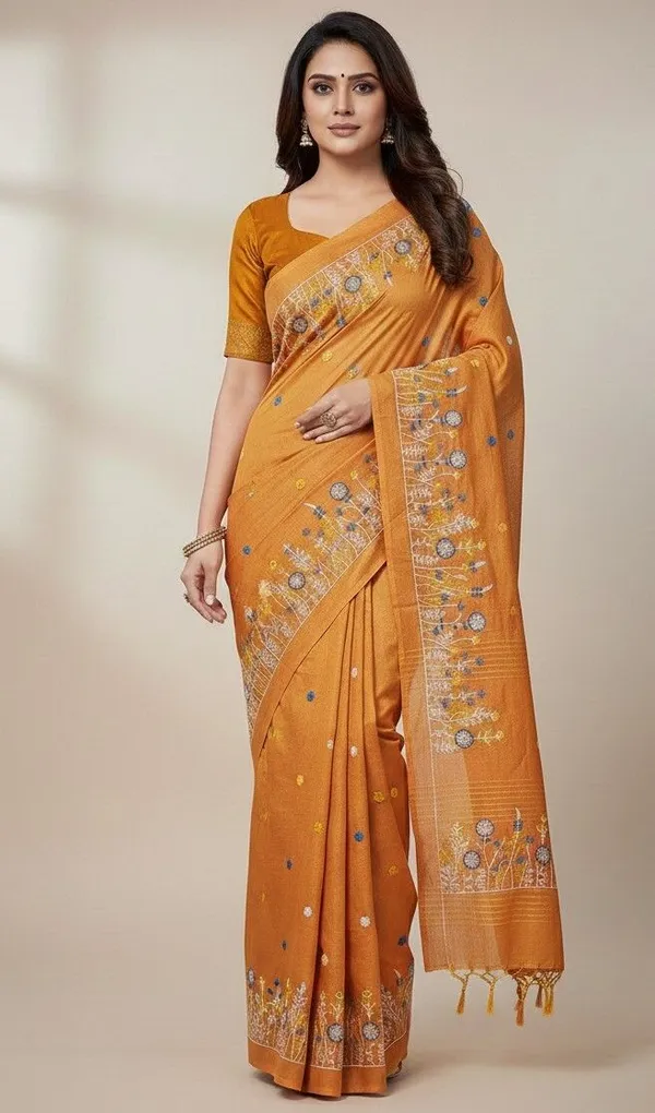 Sindhuja_Fashion_House_Embroidered,_Floral_Print_Daily_Wear_Khadi_Saree_(Orange)