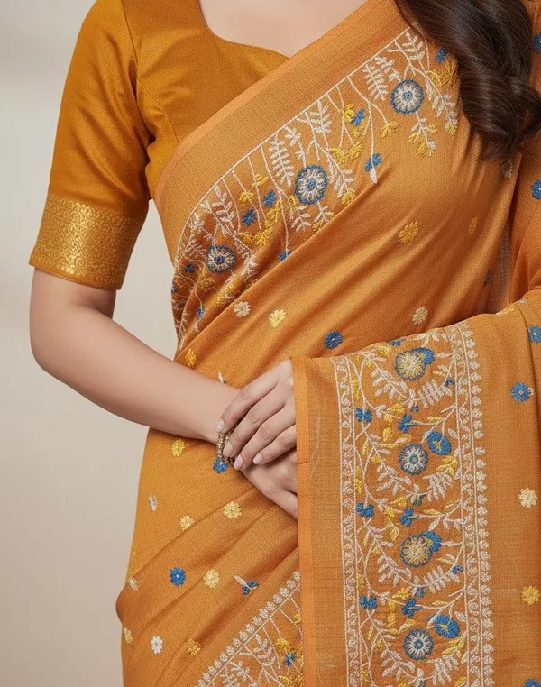 Sindhuja_Fashion_House_Embroidered,_Floral_Print_Daily_Wear_Khadi_Saree_(Orange)