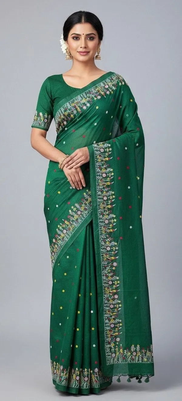 Sindhuja_Fashion_House_Embroidered,_Floral_Print_Daily_Wear_Khadi_Saree_(Green)