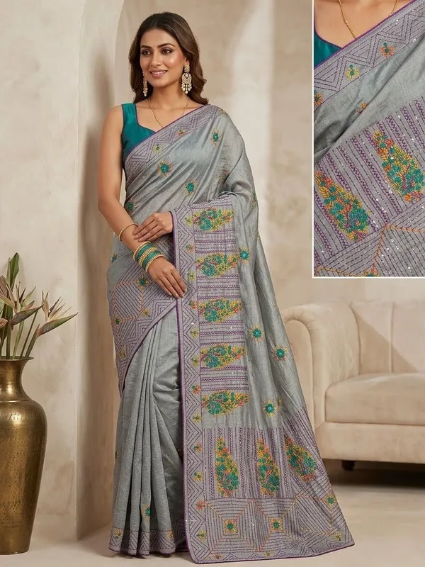 Sindhuja_Fashion_House_Embroidered,_Floral_Print,_Geometric_Print_Daily_Wear_Tussar_Silk_Saree_(Grey)