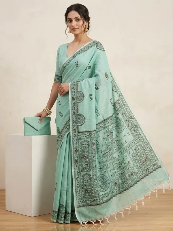 Sindhuja_Fashion_House_Printed_Kalamkari_Cotton_Blend_Saree_(Light_Green)
