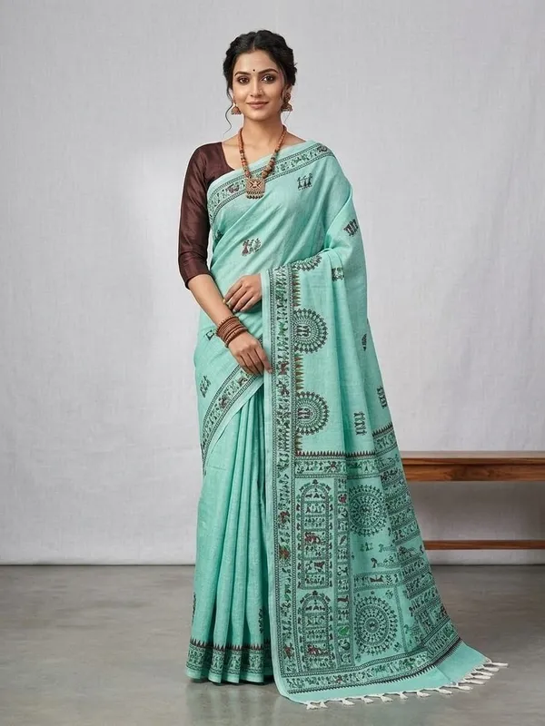 Sindhuja_Fashion_House_Printed_Kalamkari_Cotton_Blend_Saree_(Light_Green)
