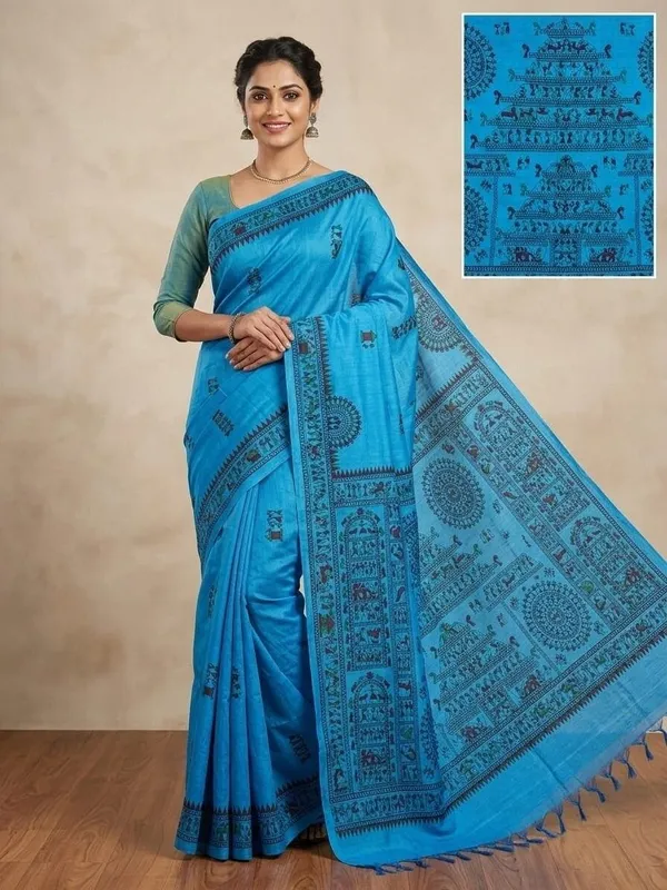 Sindhuja_Fashion_House_Printed_Handloom_Cotton_Blend_Saree_(Blue)