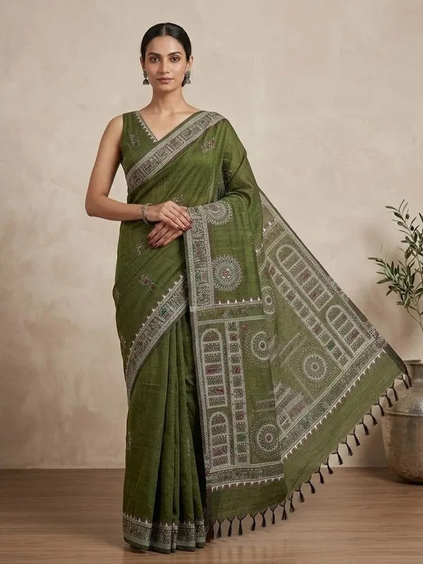 Sindhuja_Fashion_House_Printed,_Geometric_Print,_Floral_Print_Madhubani_Cotton_Blend_Saree_(Dark_Green)