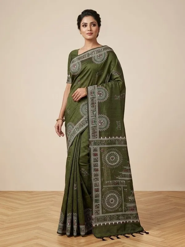 Sindhuja_Fashion_House_Printed,_Geometric_Print,_Floral_Print_Madhubani_Cotton_Blend_Saree_(Dark_Green)
