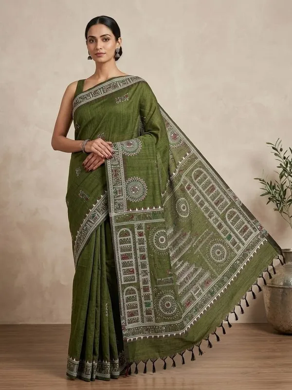 Sindhuja_Fashion_House_Printed,_Geometric_Print,_Floral_Print_Madhubani_Cotton_Blend_Saree_(Dark_Green)