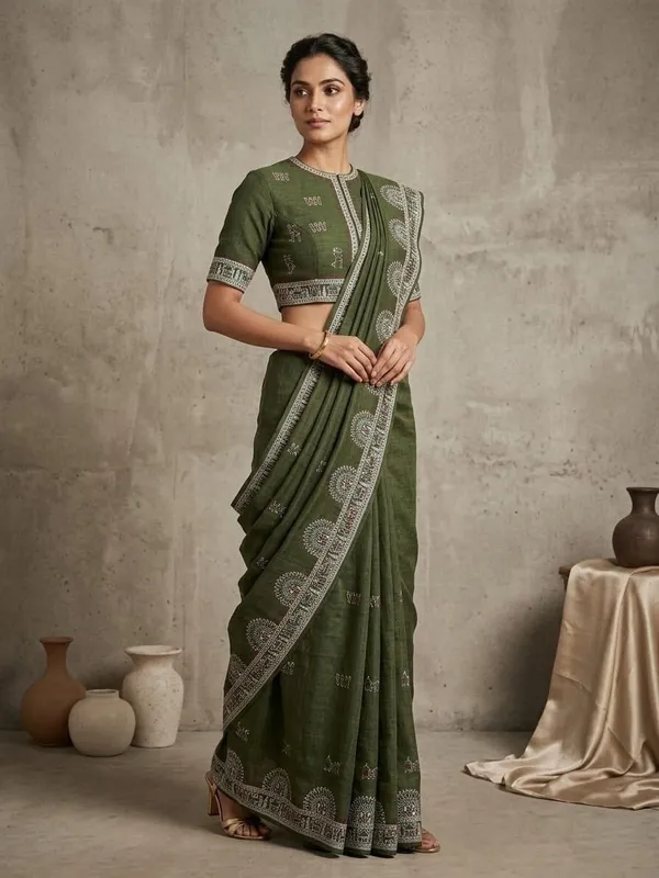 Sindhuja_Fashion_House_Printed,_Geometric_Print,_Floral_Print_Madhubani_Cotton_Blend_Saree_(Dark_Green)