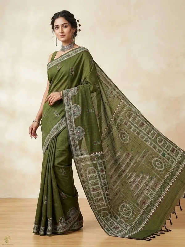 Sindhuja_Fashion_House_Printed,_Geometric_Print,_Floral_Print_Madhubani_Cotton_Blend_Saree_(Dark_Green)