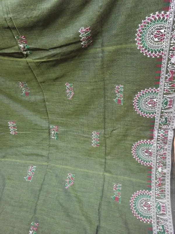 Sindhuja_Fashion_House_Printed,_Geometric_Print,_Floral_Print_Madhubani_Cotton_Blend_Saree_(Dark_Green)
