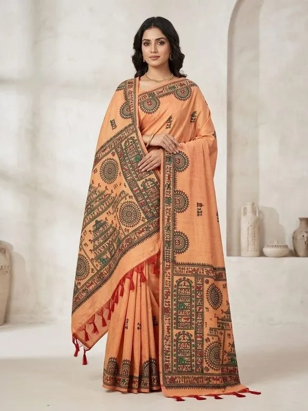 Sindhuja_Fashion_House_Printed,_Graphic_Print_Kalamkari_Cotton_Blend_Saree_(Orange)