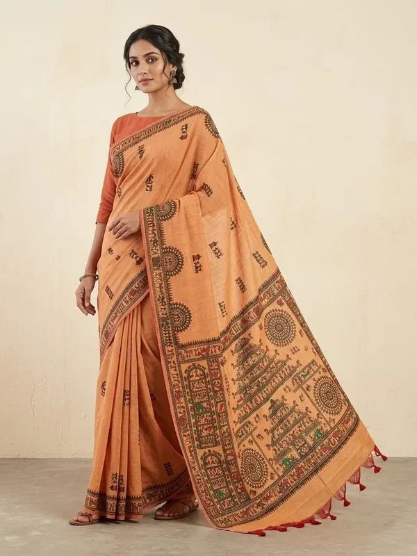 Sindhuja_Fashion_House_Printed,_Graphic_Print_Kalamkari_Cotton_Blend_Saree_(Orange)