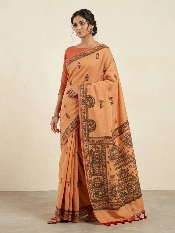 Sindhuja_Fashion_House_Printed,_Graphic_Print_Kalamkari_Cotton_Blend_Saree_(Orange)