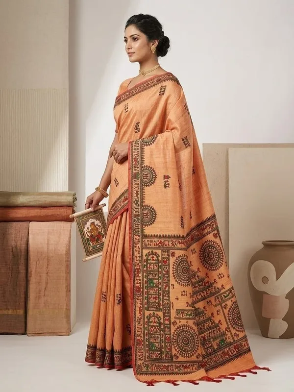 Sindhuja_Fashion_House_Printed,_Graphic_Print_Kalamkari_Cotton_Blend_Saree_(Orange)