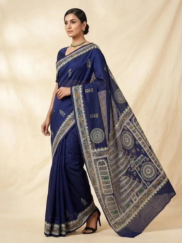 Sindhuja_Fashion_House_Embroidered,_Printed_Madhubani_Cotton_Blend_Saree_(Dark_Blue)