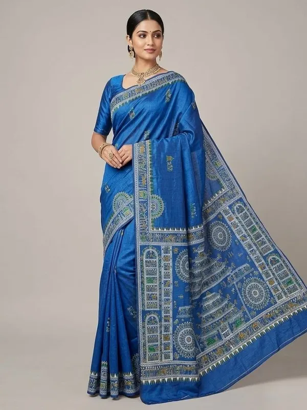 Sindhuja_Fashion_House_Printed,_Geometric_Print,_Graphic_Print_Madhubani_Cotton_Blend_Saree_(Blue)