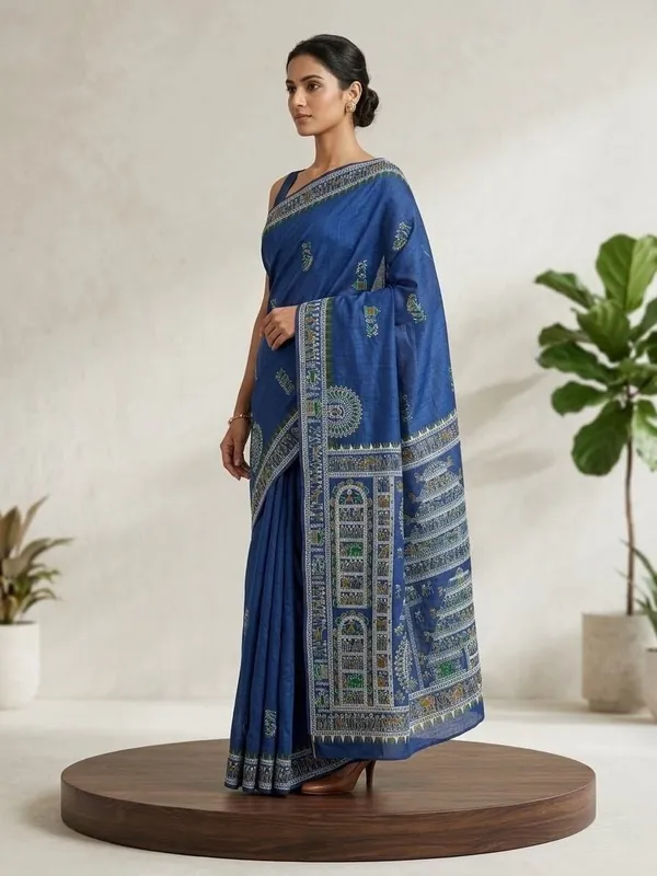 Sindhuja_Fashion_House_Printed,_Geometric_Print,_Graphic_Print_Madhubani_Cotton_Blend_Saree_(Blue)