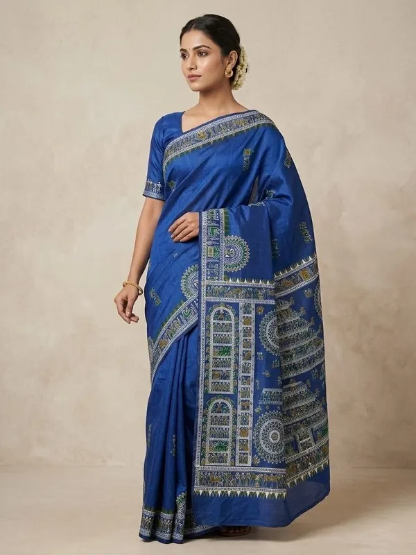 Sindhuja_Fashion_House_Printed,_Geometric_Print,_Graphic_Print_Madhubani_Cotton_Blend_Saree_(Blue)