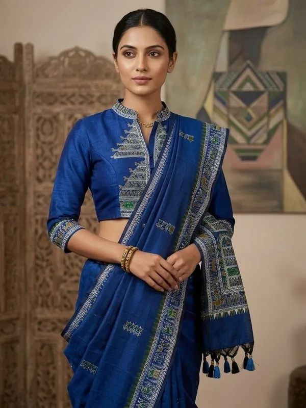 Sindhuja_Fashion_House_Printed,_Geometric_Print,_Graphic_Print_Madhubani_Cotton_Blend_Saree_(Blue)