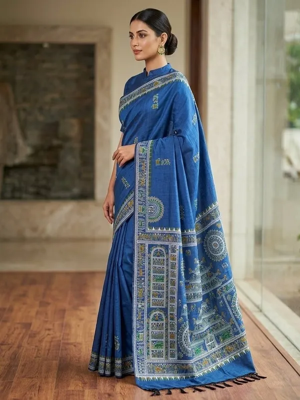 Sindhuja_Fashion_House_Printed,_Geometric_Print,_Graphic_Print_Madhubani_Cotton_Blend_Saree_(Blue)