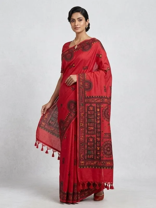 Sindhuja_Fashion_House_Digital_Print_Madhubani_Cotton_Blend_Saree_(Red)