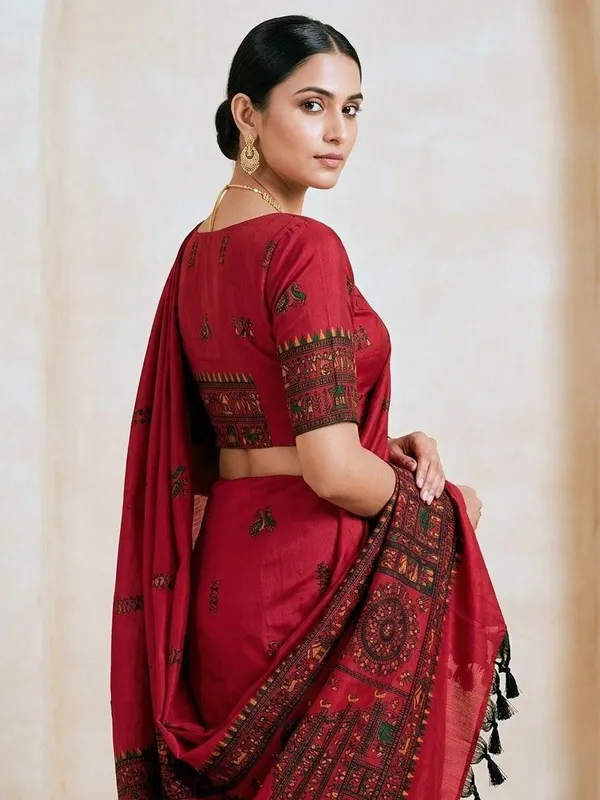 Sindhuja_Fashion_House_Digital_Print_Madhubani_Cotton_Blend_Saree_(Red)
