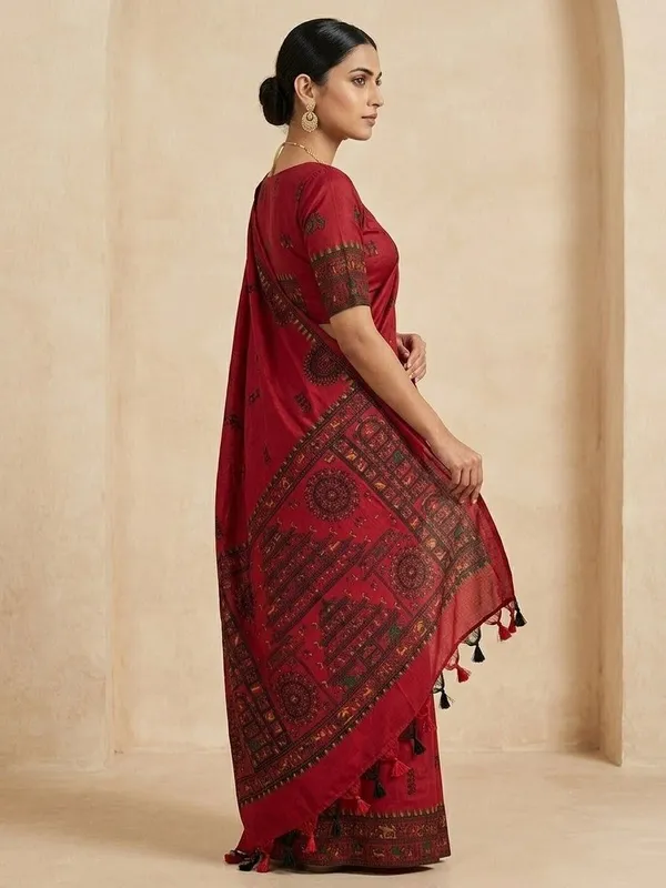 Sindhuja_Fashion_House_Digital_Print_Madhubani_Cotton_Blend_Saree_(Red)