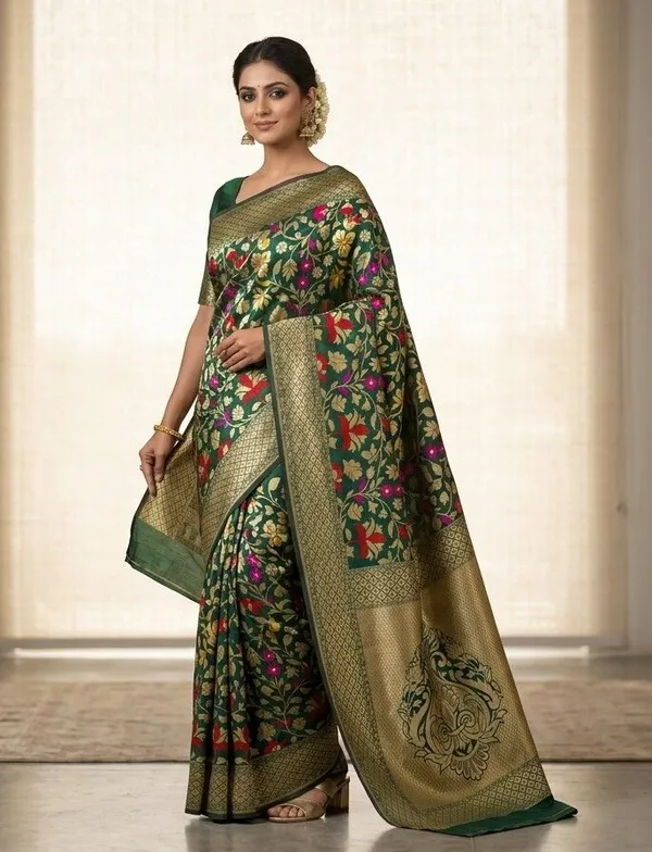 Sindhuja_Fashion_House_Floral_Print,_Woven,_Embroidered_Banarasi_Silk_Blend_Saree_(Dark_Green)