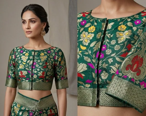 Sindhuja_Fashion_House_Floral_Print,_Woven,_Embroidered_Banarasi_Silk_Blend_Saree_(Dark_Green)