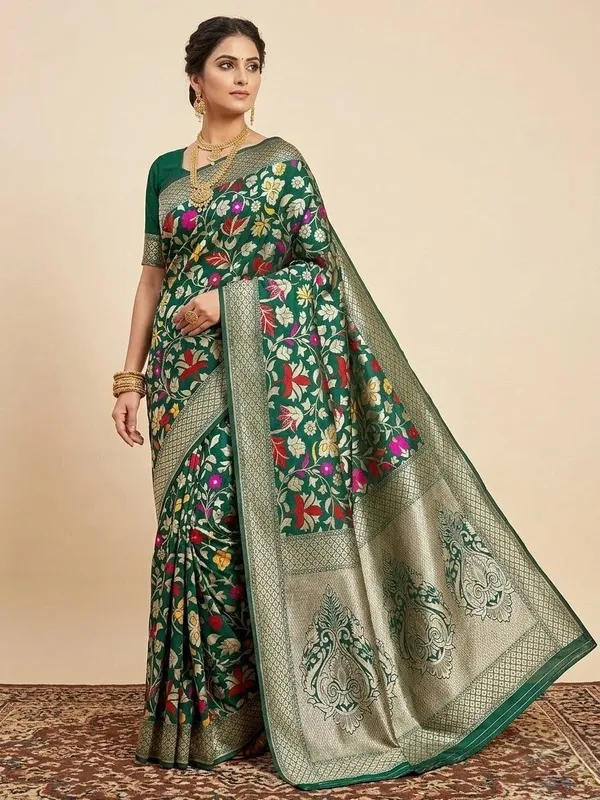 Sindhuja_Fashion_House_Floral_Print,_Woven,_Embroidered_Banarasi_Silk_Blend_Saree_(Dark_Green)