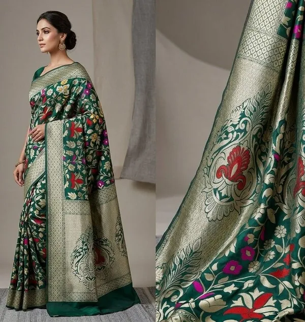 Sindhuja_Fashion_House_Floral_Print,_Woven,_Embroidered_Banarasi_Silk_Blend_Saree_(Dark_Green)