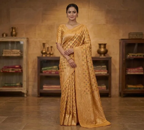 Sindhuja_Fashion_House_Self_Design,_Woven_Banarasi_Silk_Blend_Saree_(Yellow)