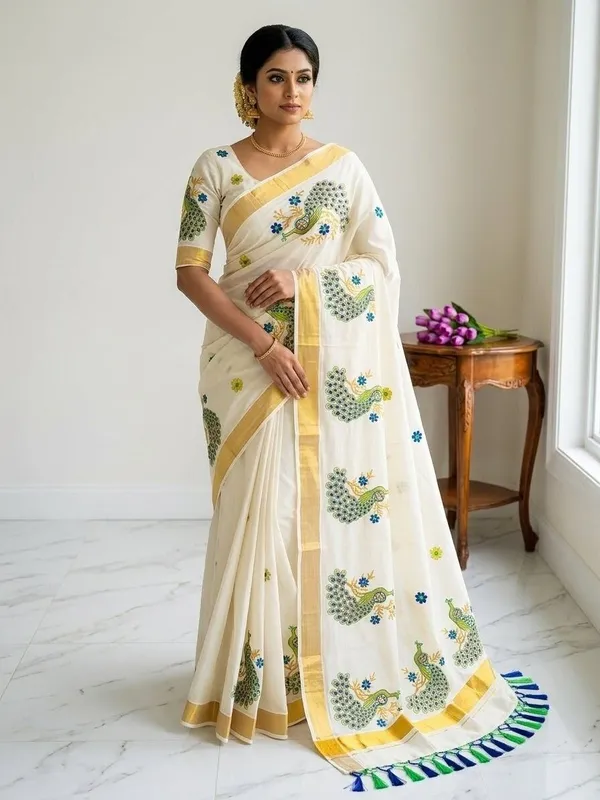 Sindhuja_Fashion_House_Embroidered,_Floral_Print_Kasavu_Pure_Cotton_Saree_(Yellow,_White,_Green,_Light_Blue)