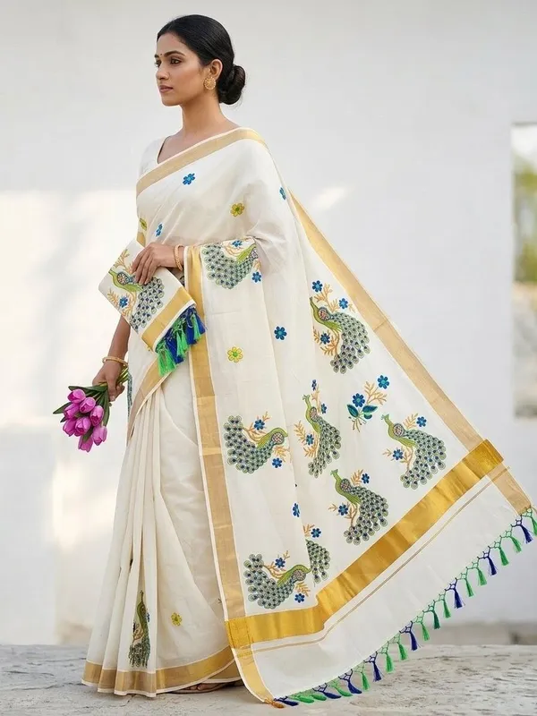 Sindhuja_Fashion_House_Embroidered,_Floral_Print_Kasavu_Pure_Cotton_Saree_(Yellow,_White,_Green,_Light_Blue)