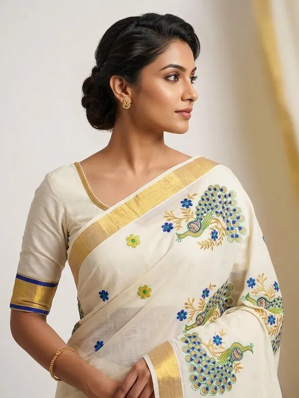 Sindhuja_Fashion_House_Embroidered,_Floral_Print_Kasavu_Pure_Cotton_Saree_(Yellow,_White,_Green,_Light_Blue)