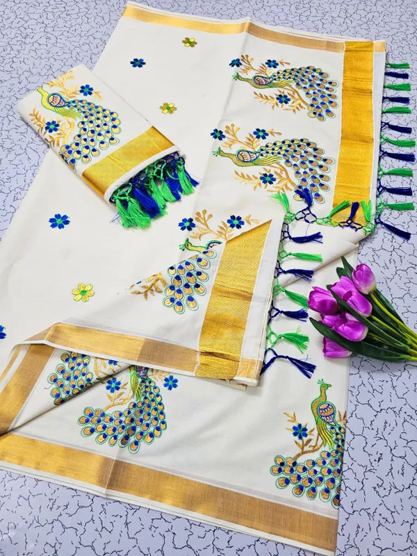 Sindhuja_Fashion_House_Embroidered,_Floral_Print_Kasavu_Pure_Cotton_Saree_(Yellow,_White,_Green,_Light_Blue)
