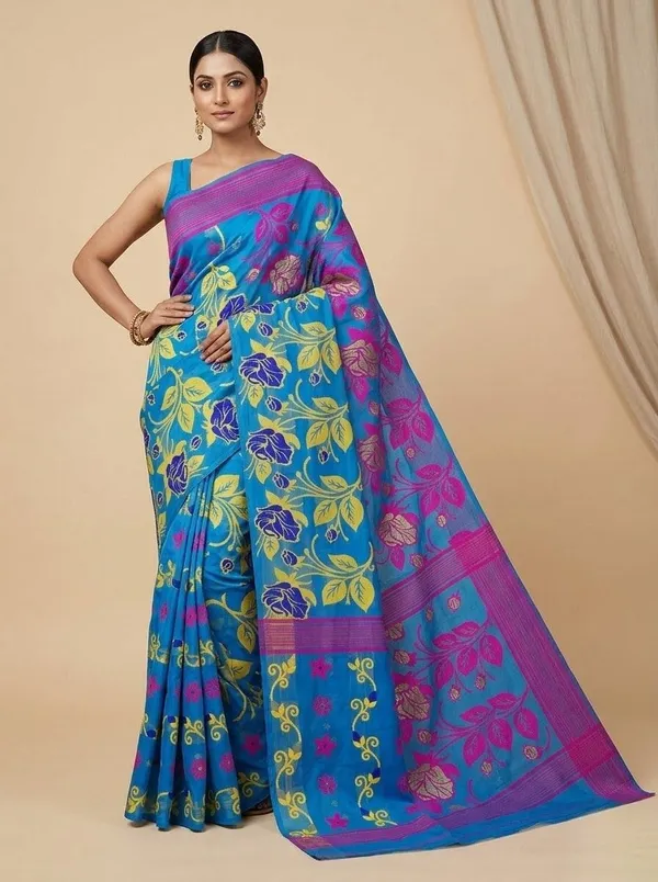Sindhuja_Fashion_House_Floral_Print,_Woven_Daily_Wear_Pure_Cotton,_Cotton_Blend_Saree_(Blue)