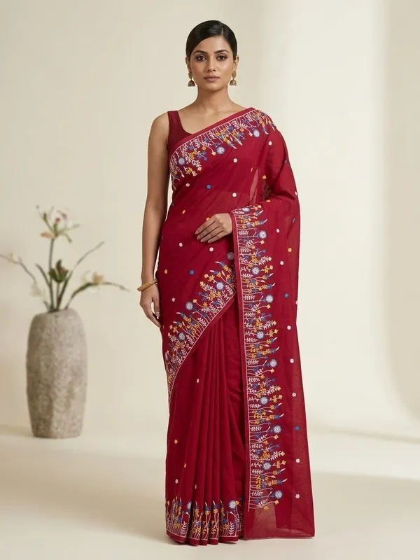 Sindhuja_Fashion_House_Embroidered,_Floral_Print,_Printed_Daily_Wear_Khadi,_Pure_Cotton_Saree_(Red)