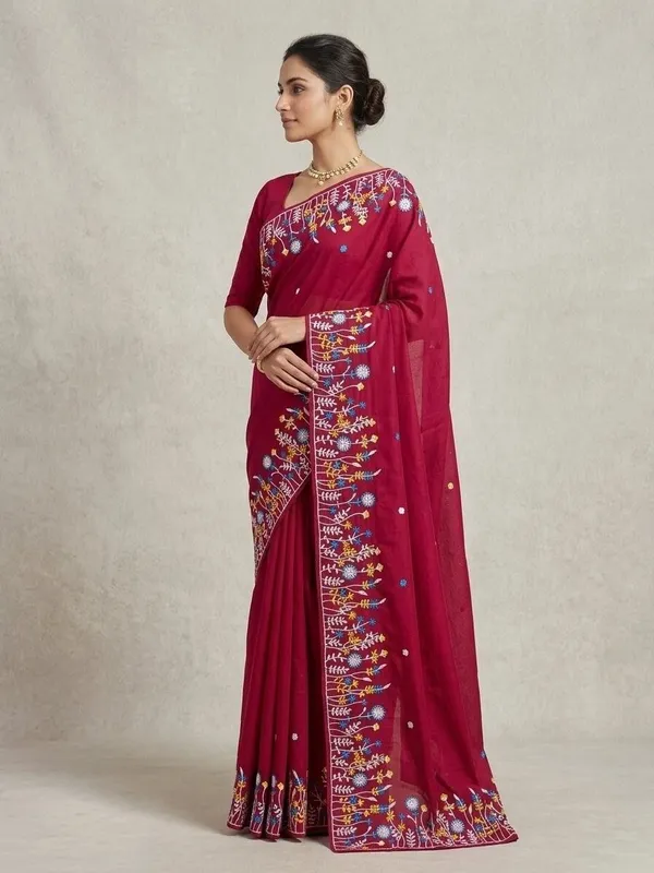 Sindhuja_Fashion_House_Embroidered,_Floral_Print,_Printed_Daily_Wear_Khadi,_Pure_Cotton_Saree_(Red)