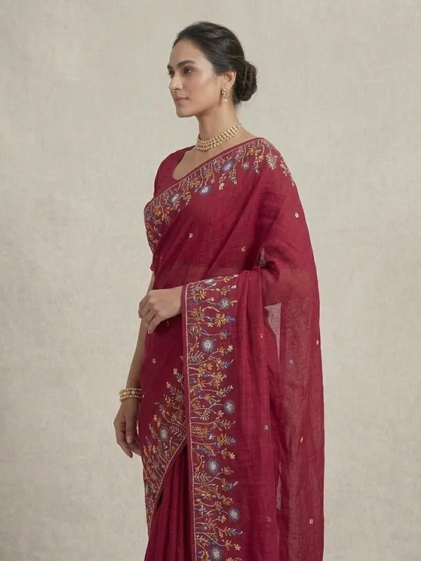 Sindhuja_Fashion_House_Embroidered,_Floral_Print,_Printed_Daily_Wear_Khadi,_Pure_Cotton_Saree_(Red)