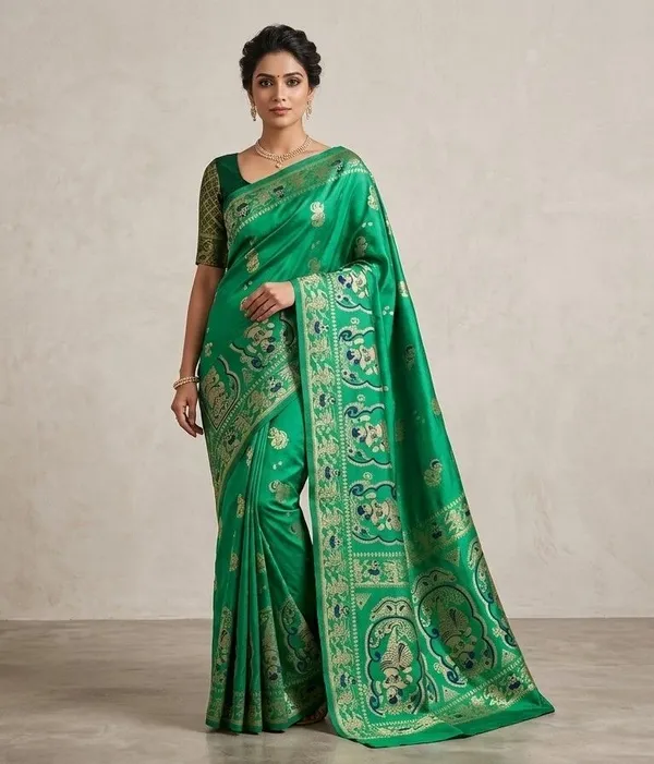 Sindhuja_Fashion_House_Woven,_Paisley,_Floral_Print,_Graphic_Print_Banarasi_Silk_Blend_Saree_(Dark_Green)