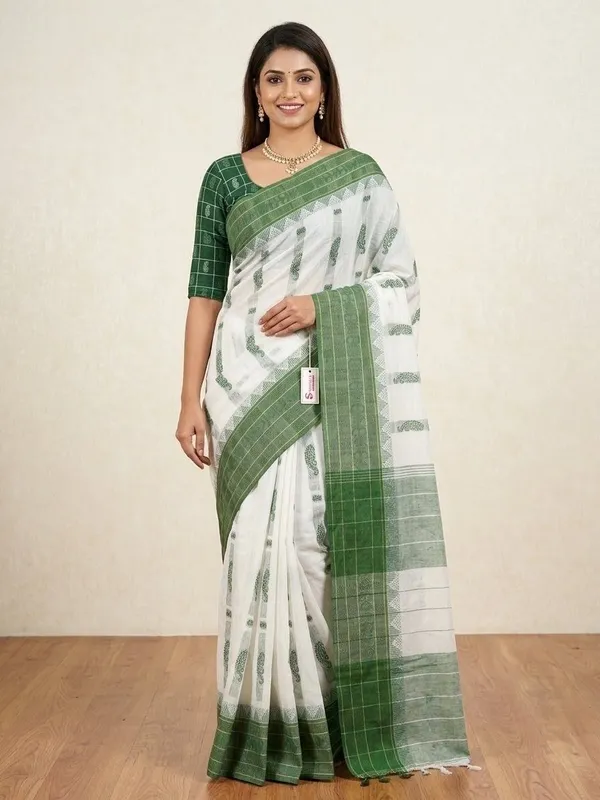 Sindhuja_Fashion_House_Striped,_Checkered,_Paisley,_Woven_Tant_Pure_Cotton_Saree_(Light_Green,_White)