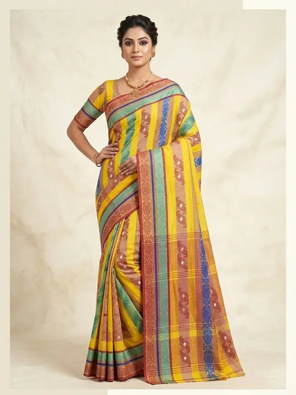 Sindhuja_Fashion_House_Checkered,_Woven,_Embellished,_Striped_Tant_Pure_Cotton_Saree_(Multicolor)