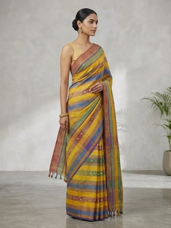 Sindhuja_Fashion_House_Checkered,_Woven,_Embellished,_Striped_Tant_Pure_Cotton_Saree_(Multicolor)